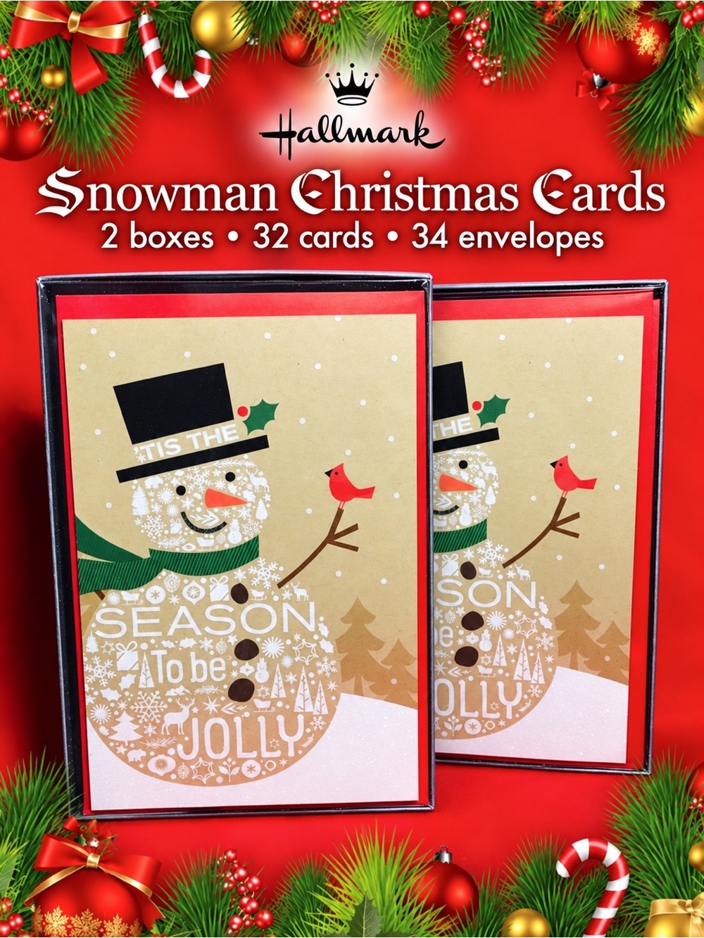 Hallmark Festive Snowman Holiday Cards - Red and Green